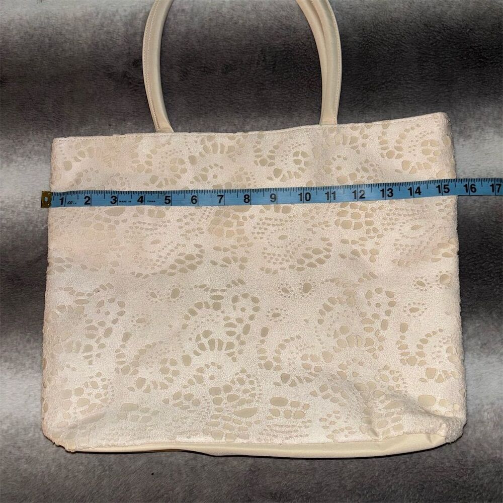 Nordstrom Cream Laser Cut Lace Pattern Faux Suede / Nylon Tote Bag - Picture 4 of 6